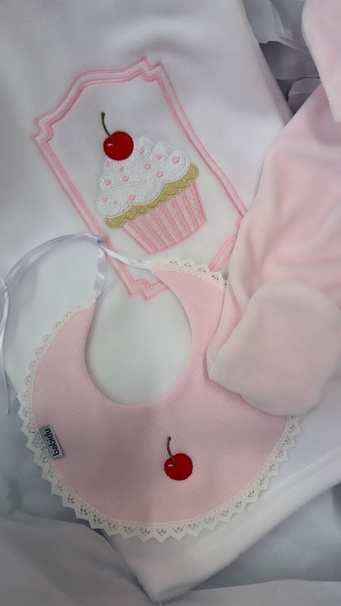 Cupcake velour babygrow and bib (blanket sold separately)