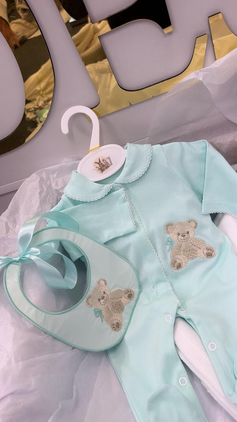 Mint bear set: baby grow, bib and blanket