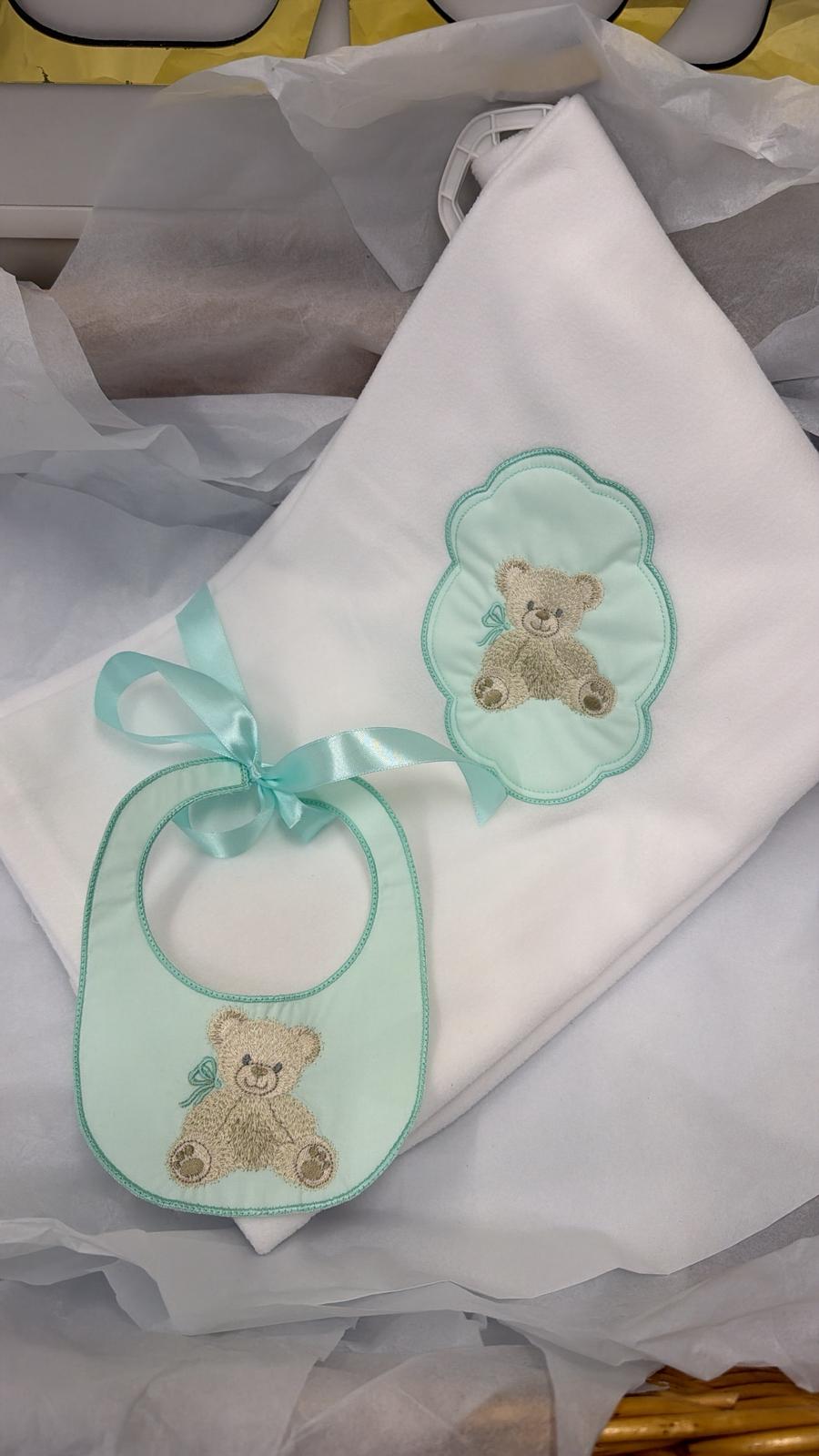 Mint bear set: baby grow, bib and blanket