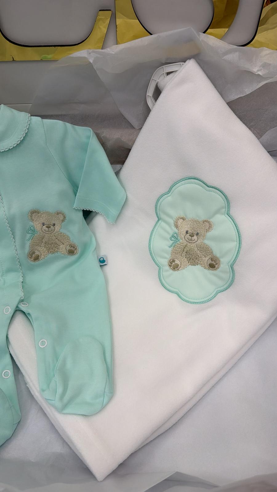 Mint bear set: baby grow, bib and blanket