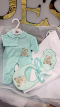 Mint bear set: baby grow, bib and blanket