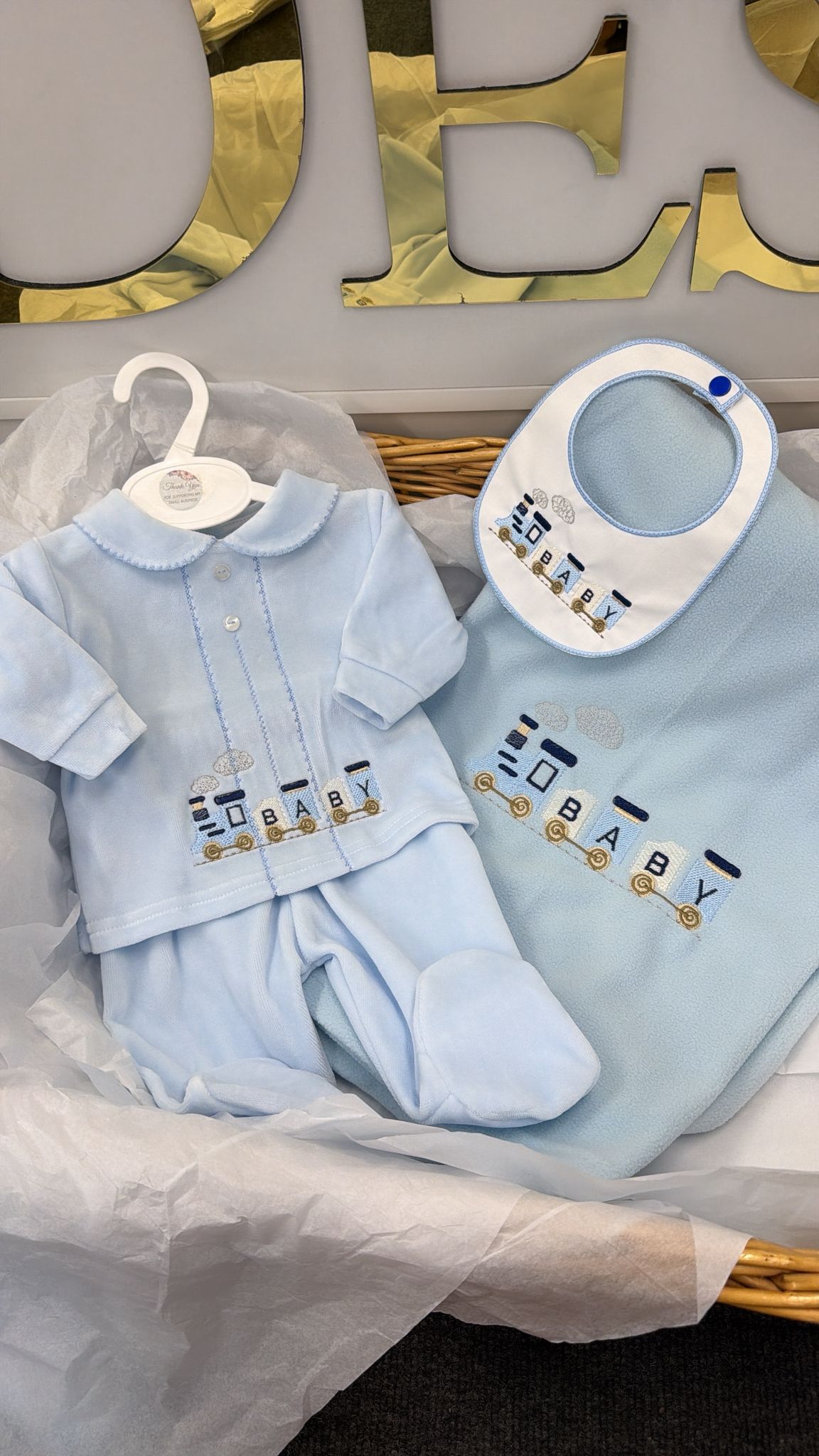 Blue baby train three piece: trouser set and bib (blanket sold separately)