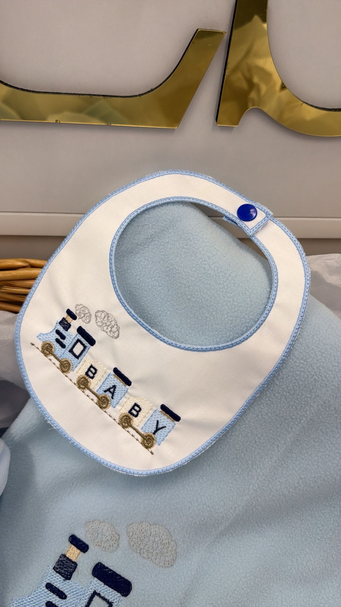 Blue baby train three piece: trouser set and bib (blanket sold separately)