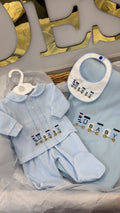 Blue baby train three piece: trouser set and bib (blanket sold separately)