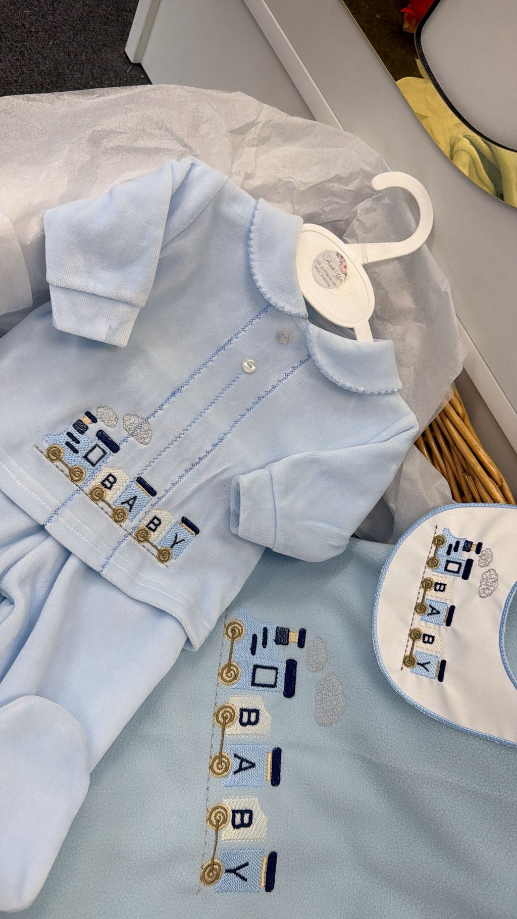 Blue baby train three piece: trouser set and bib (blanket sold separately)