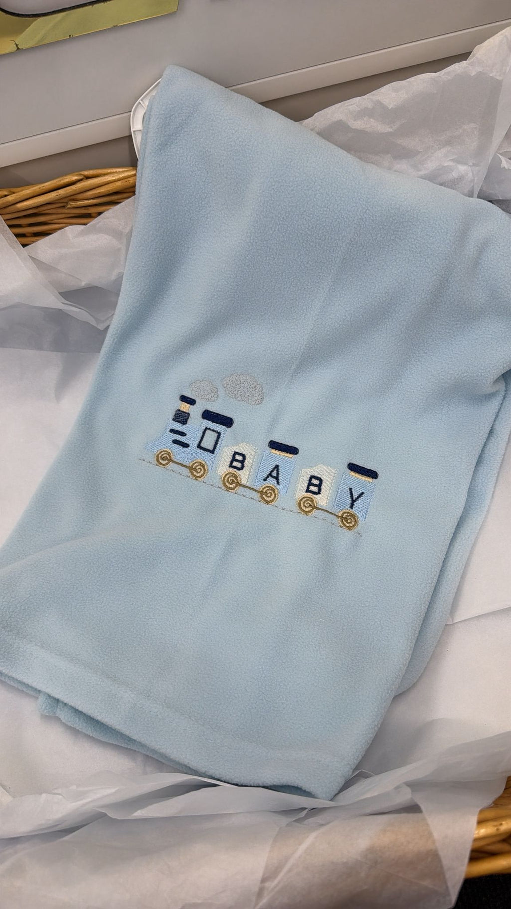 Blue baby train blanket
