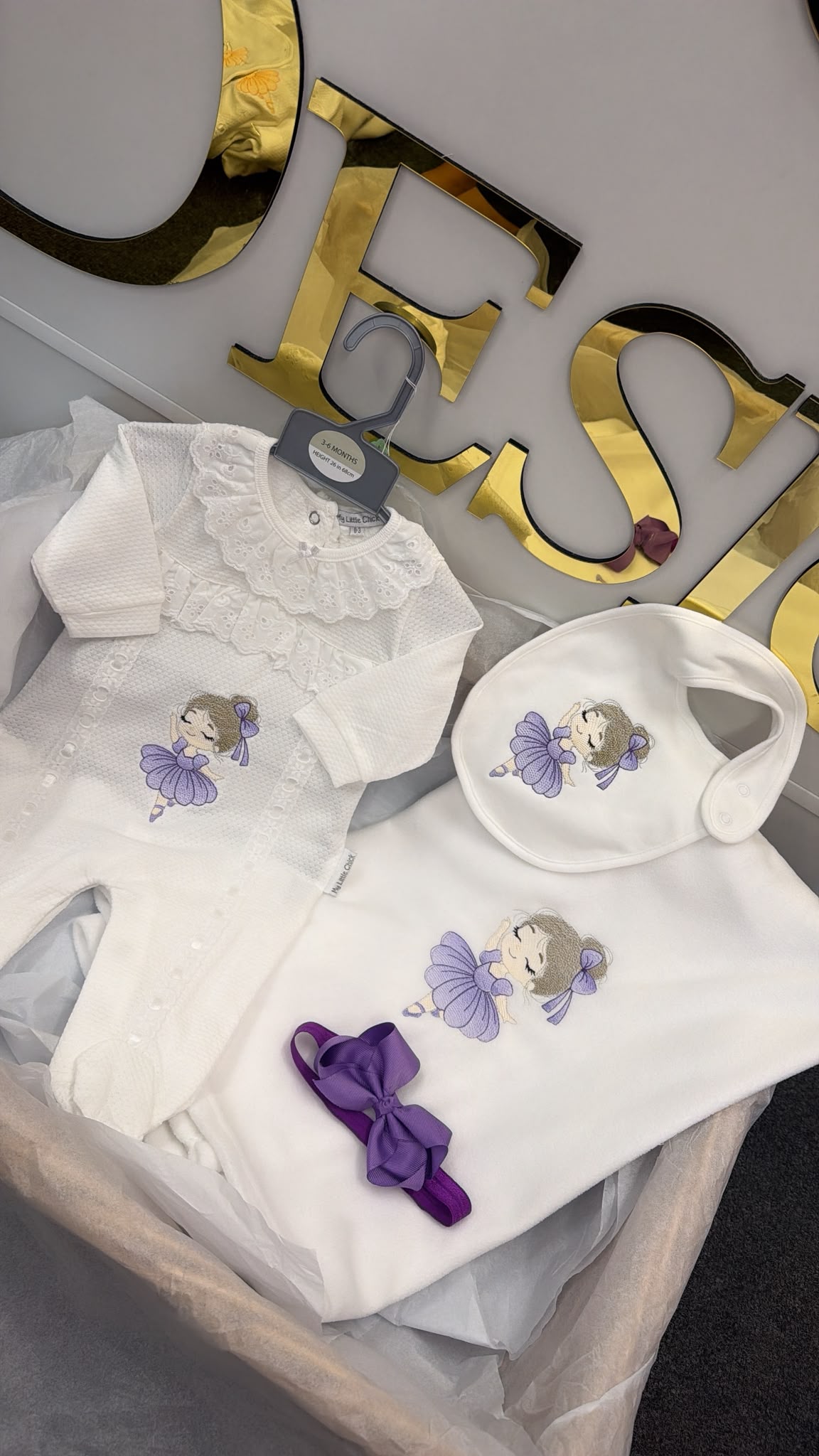 Lace ballerina set in lilac: baby grow, bib, head bow & blanket