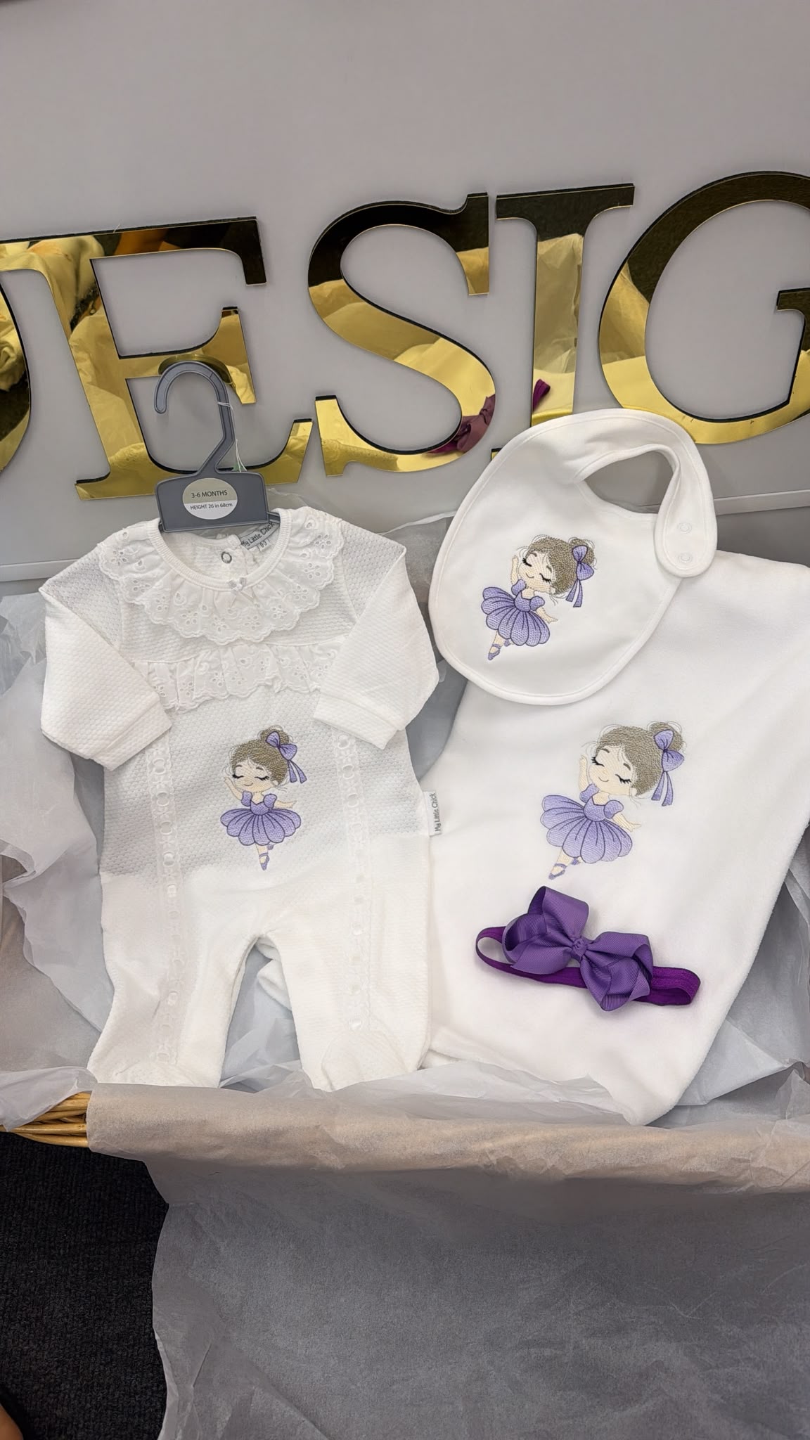 Lace ballerina set in lilac: baby grow, bib, head bow & blanket