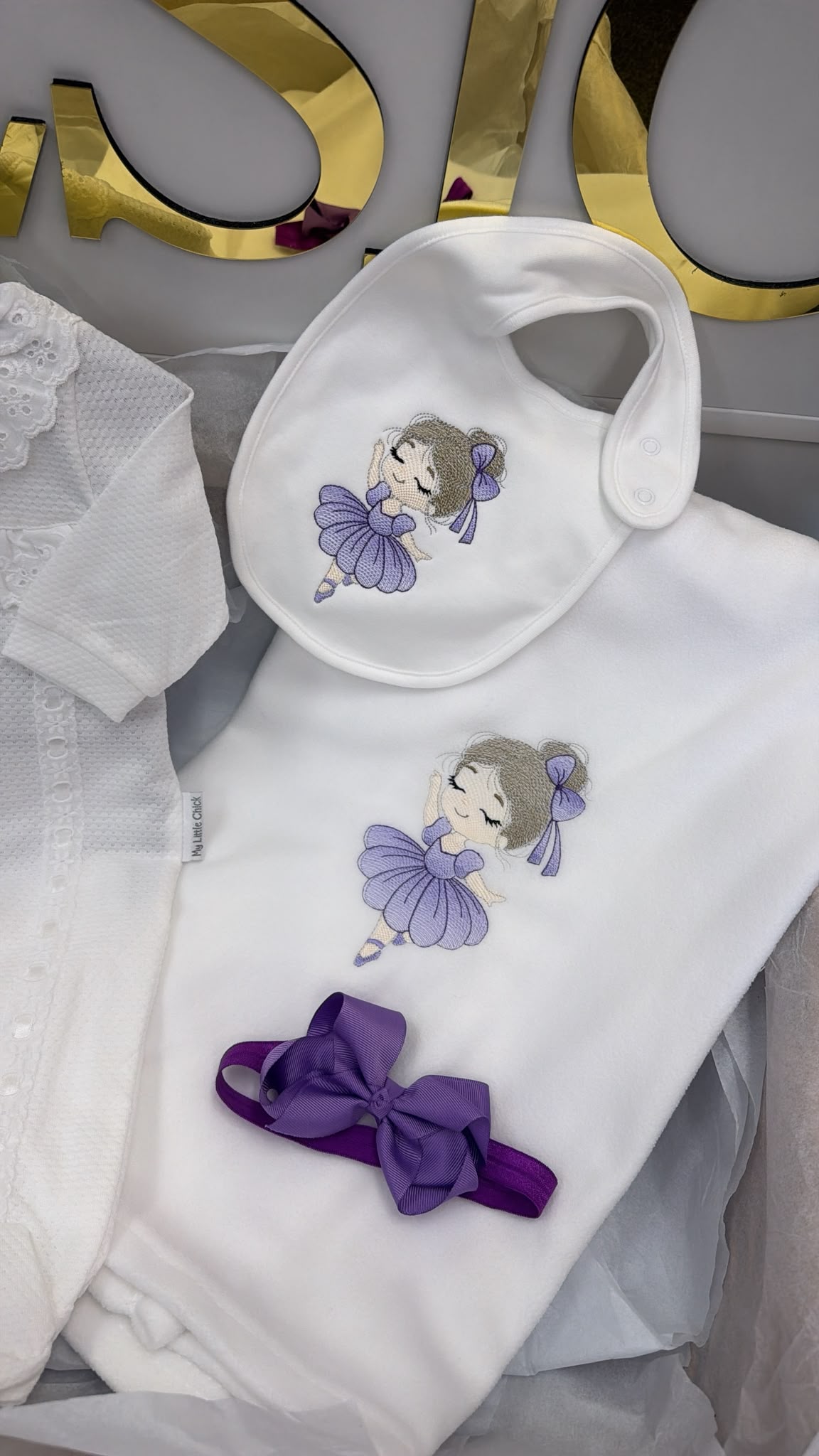 Lace ballerina set in lilac: baby grow, bib, head bow & blanket