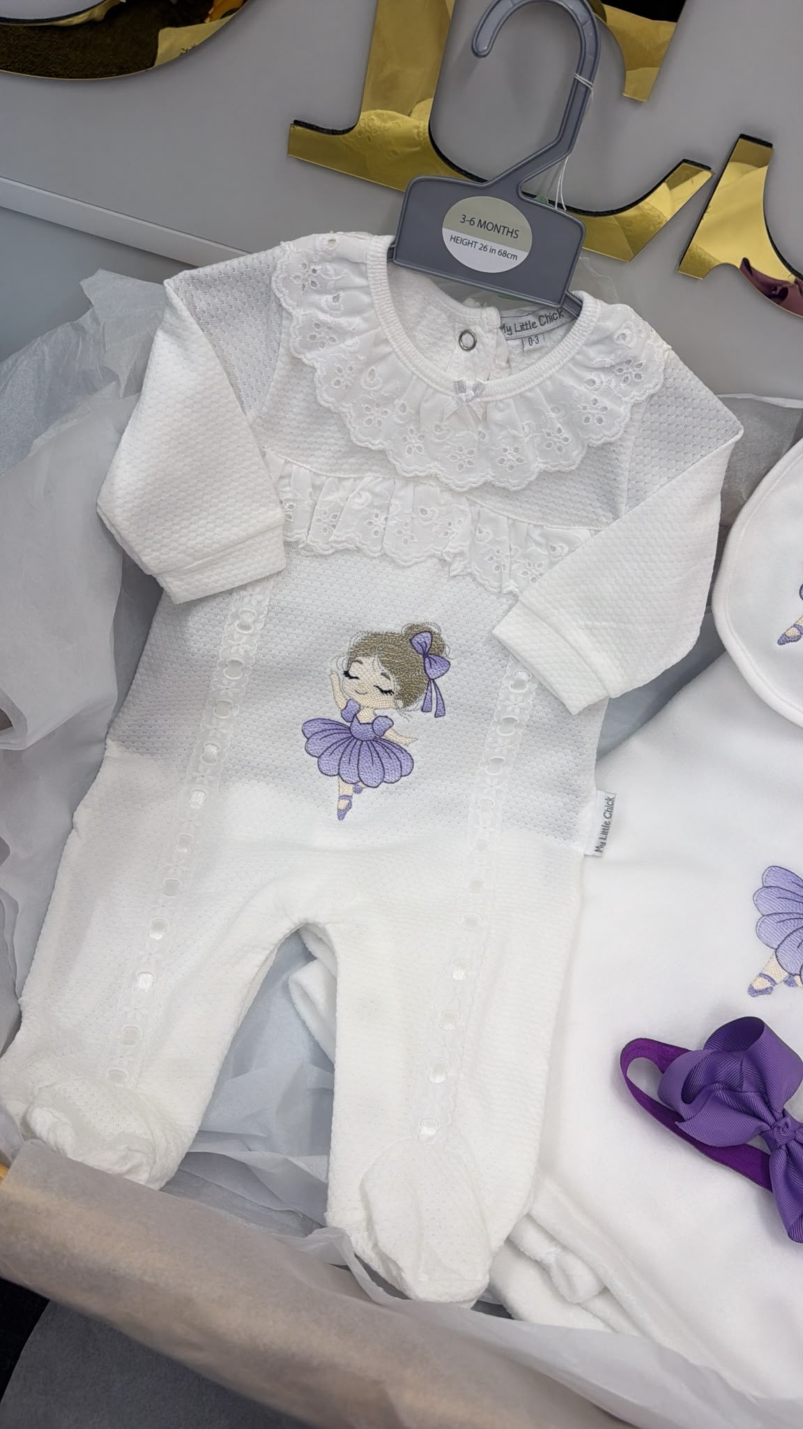 Lace ballerina set in lilac: baby grow, bib, head bow & blanket