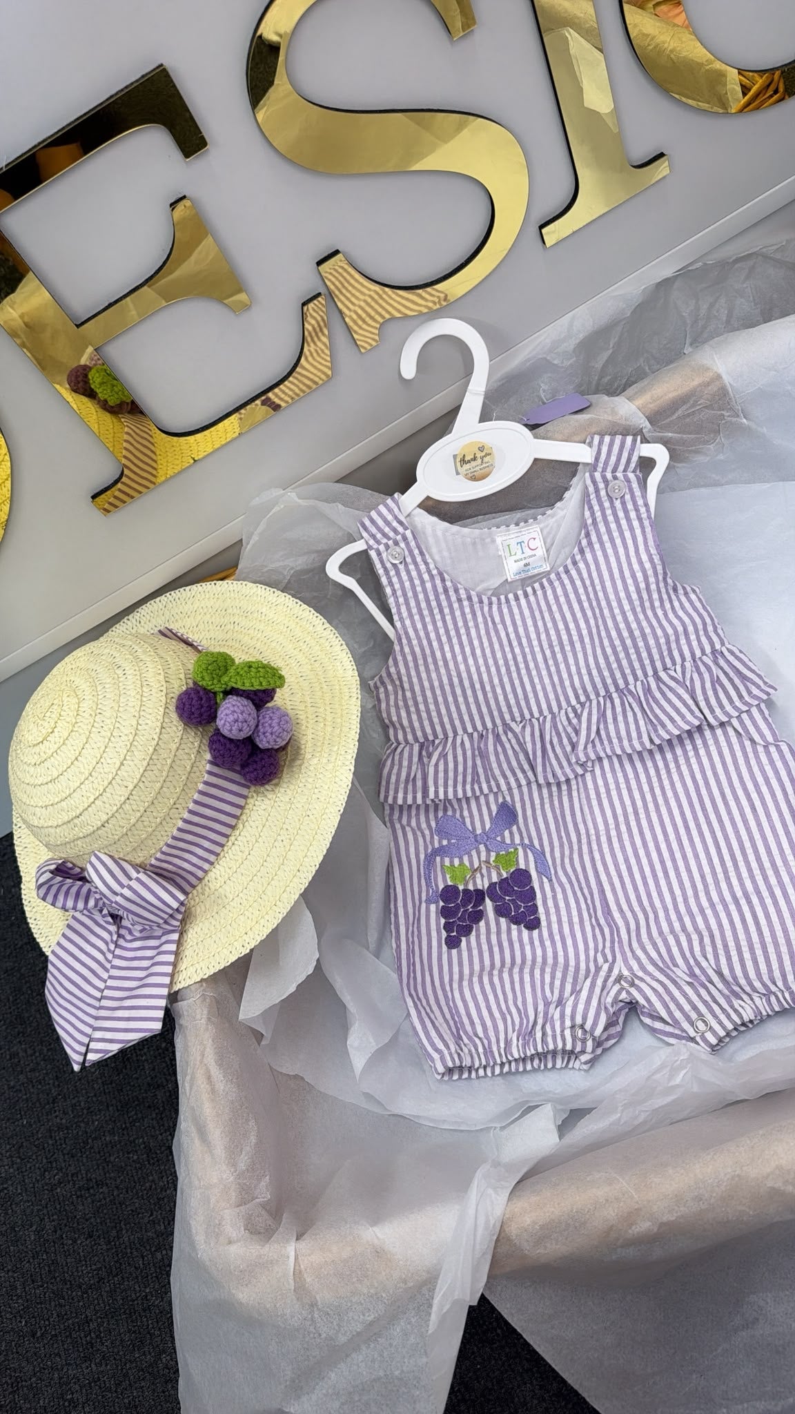 Lilac stripe romper with grapes hat sold separately