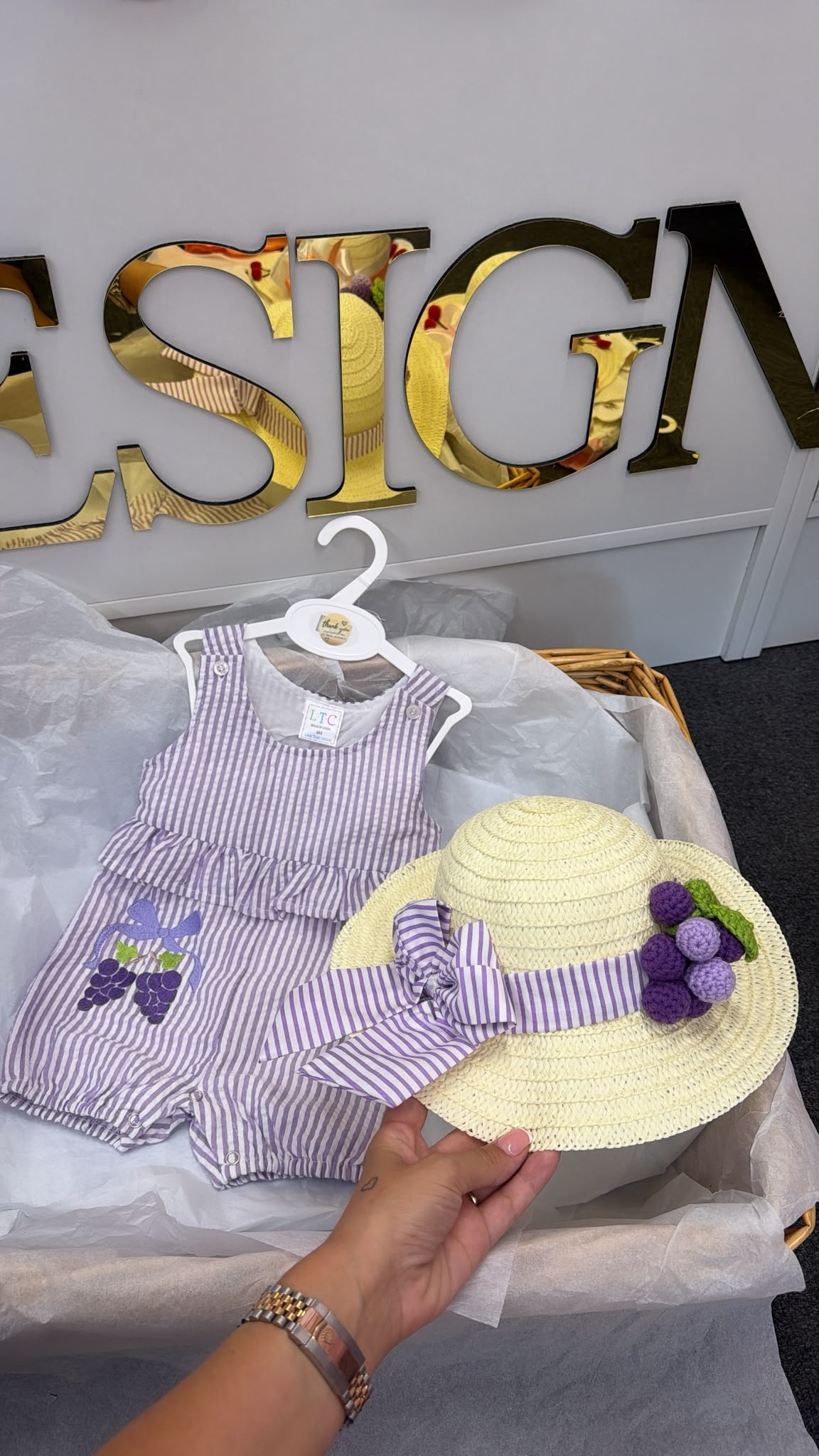 Lilac stripe romper with grapes hat sold separately