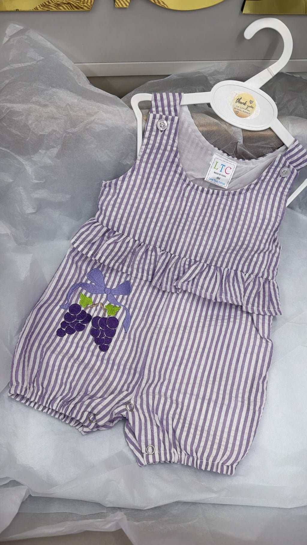Lilac stripe romper with grapes hat sold separately