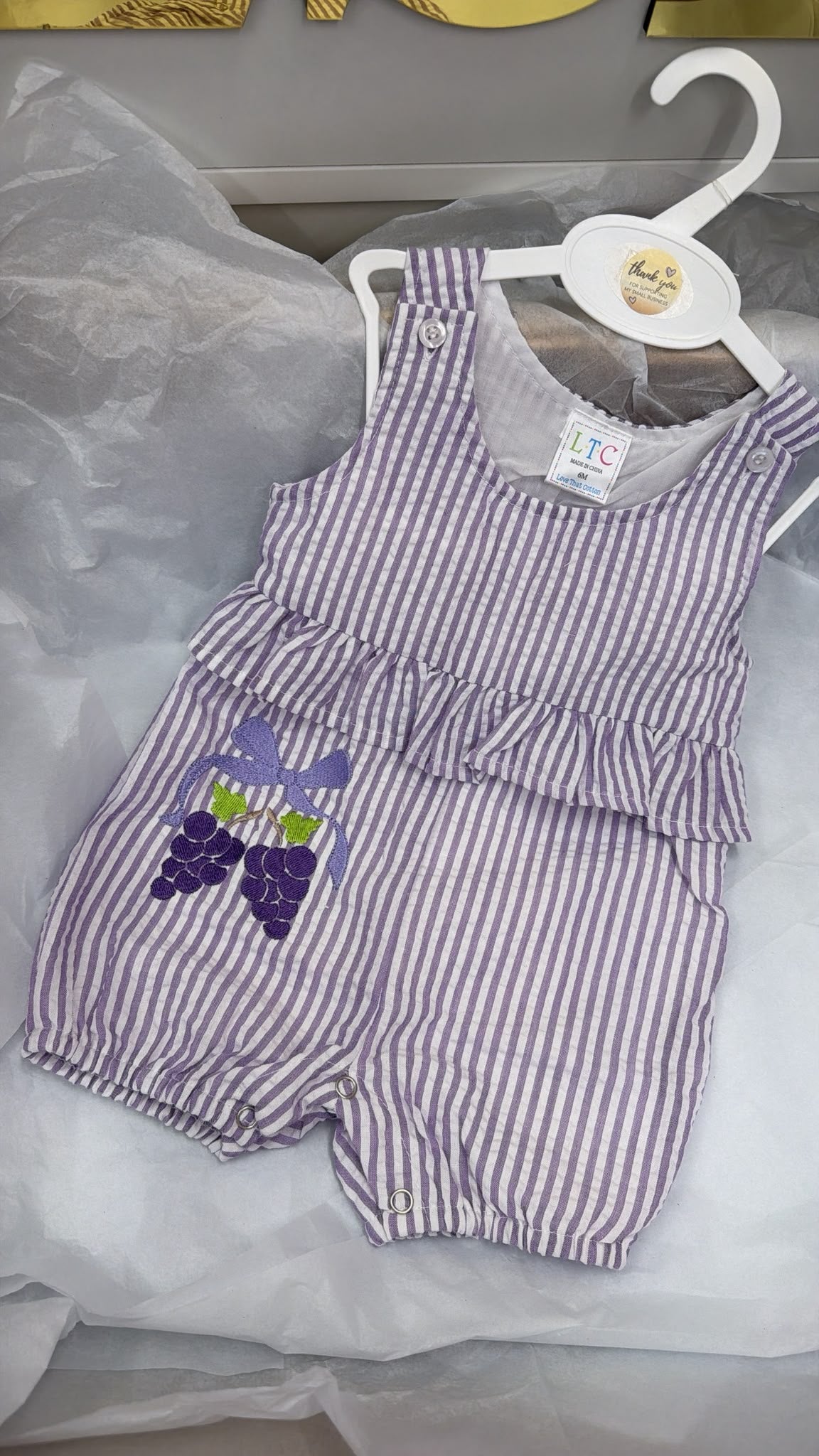 Lilac stripe romper with grapes hat sold separately