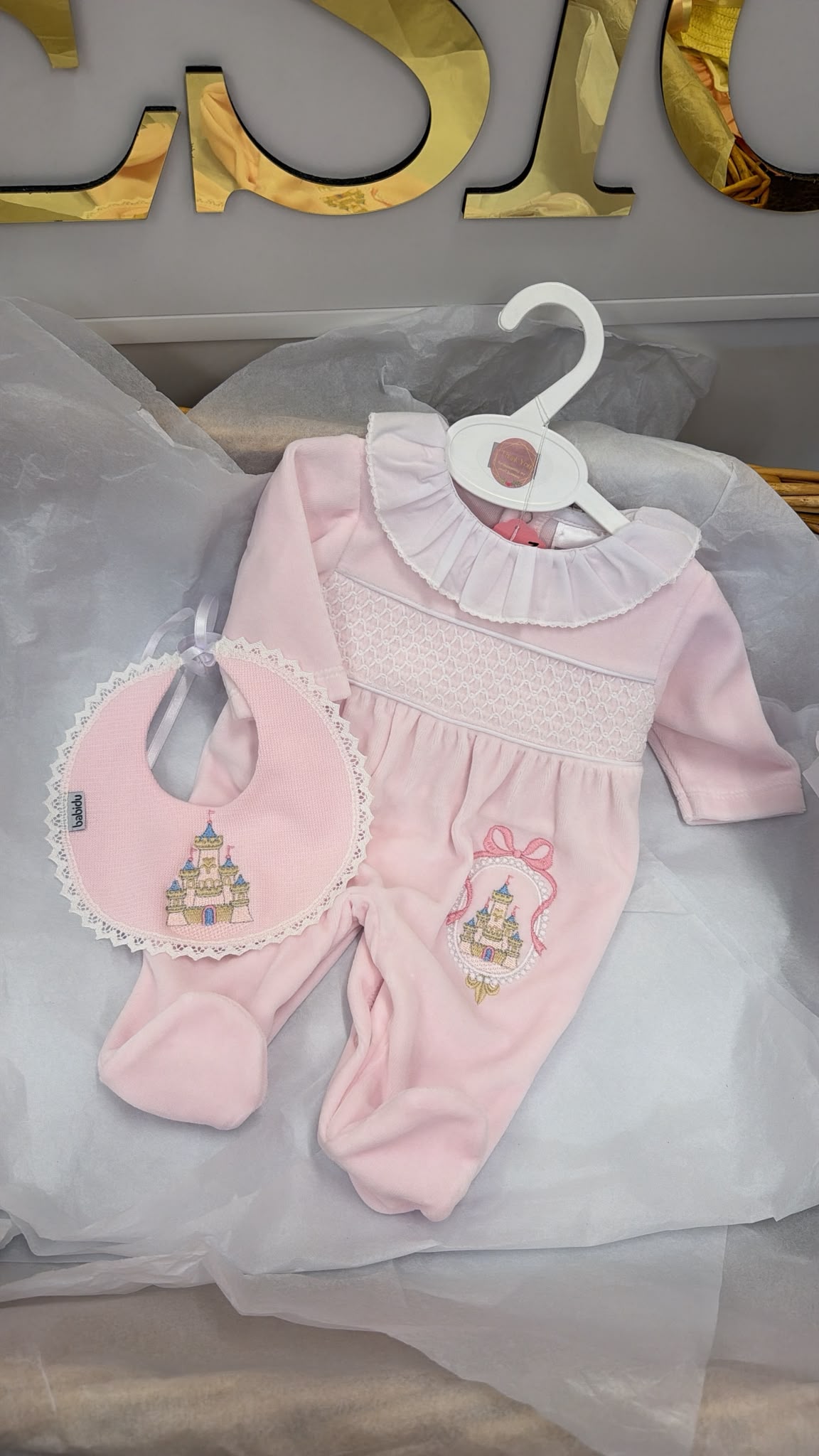 Fairytale velour babygrow and bib set (blanket sold separately)