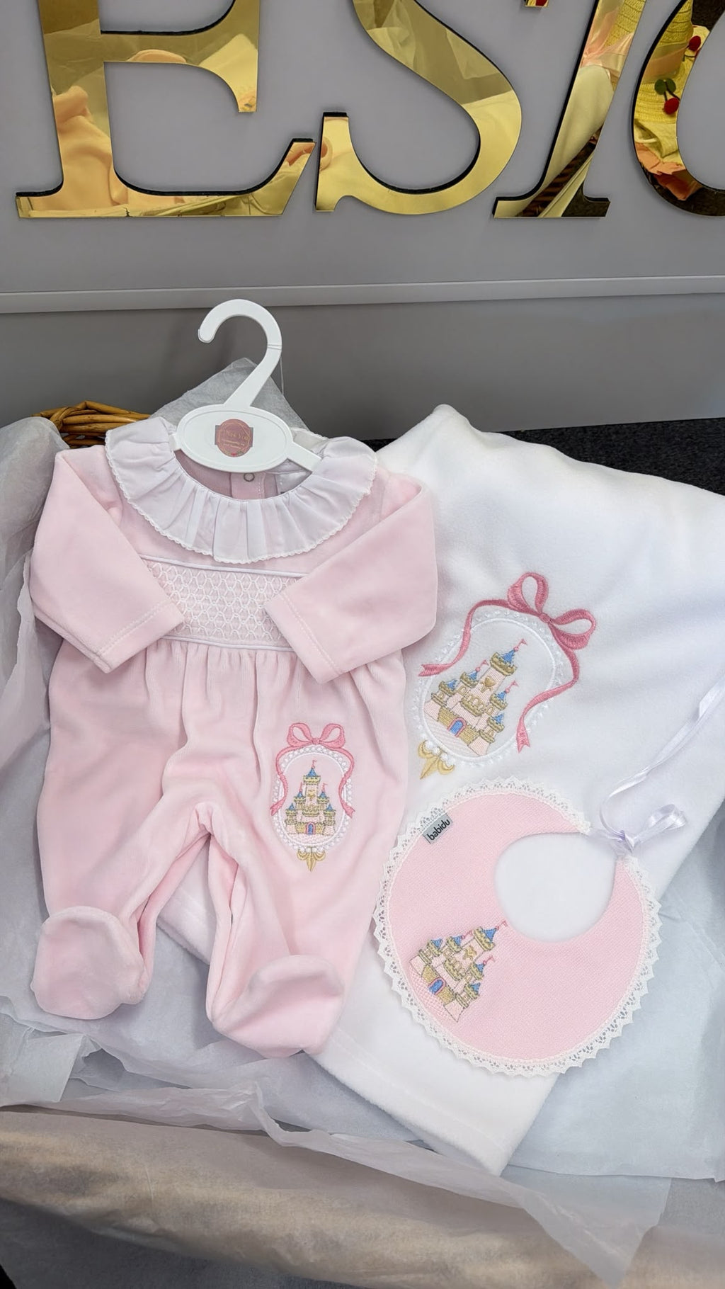 Fairytale velour babygrow and bib set (blanket sold separately)