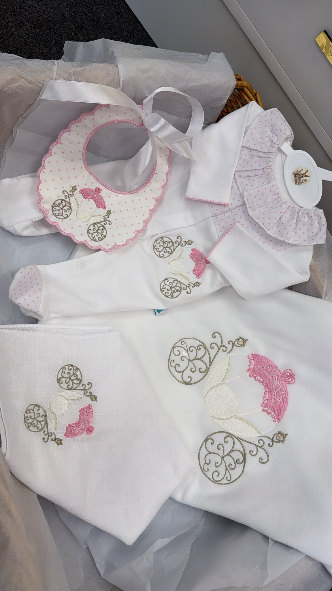 Princess carriage babygrow, bib, comforter and blanket set
