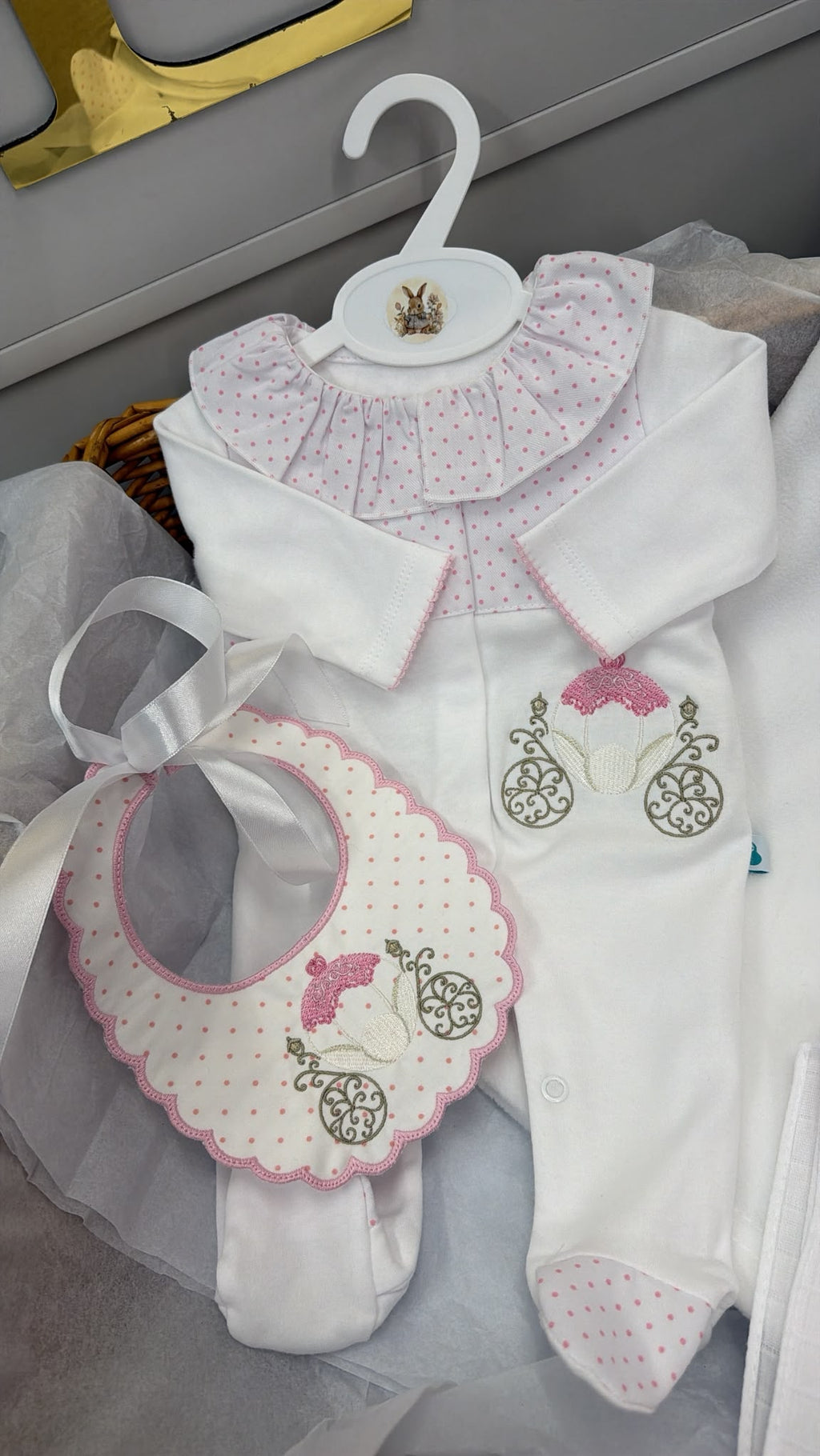 Princess carriage babygrow, bib, comforter and blanket set