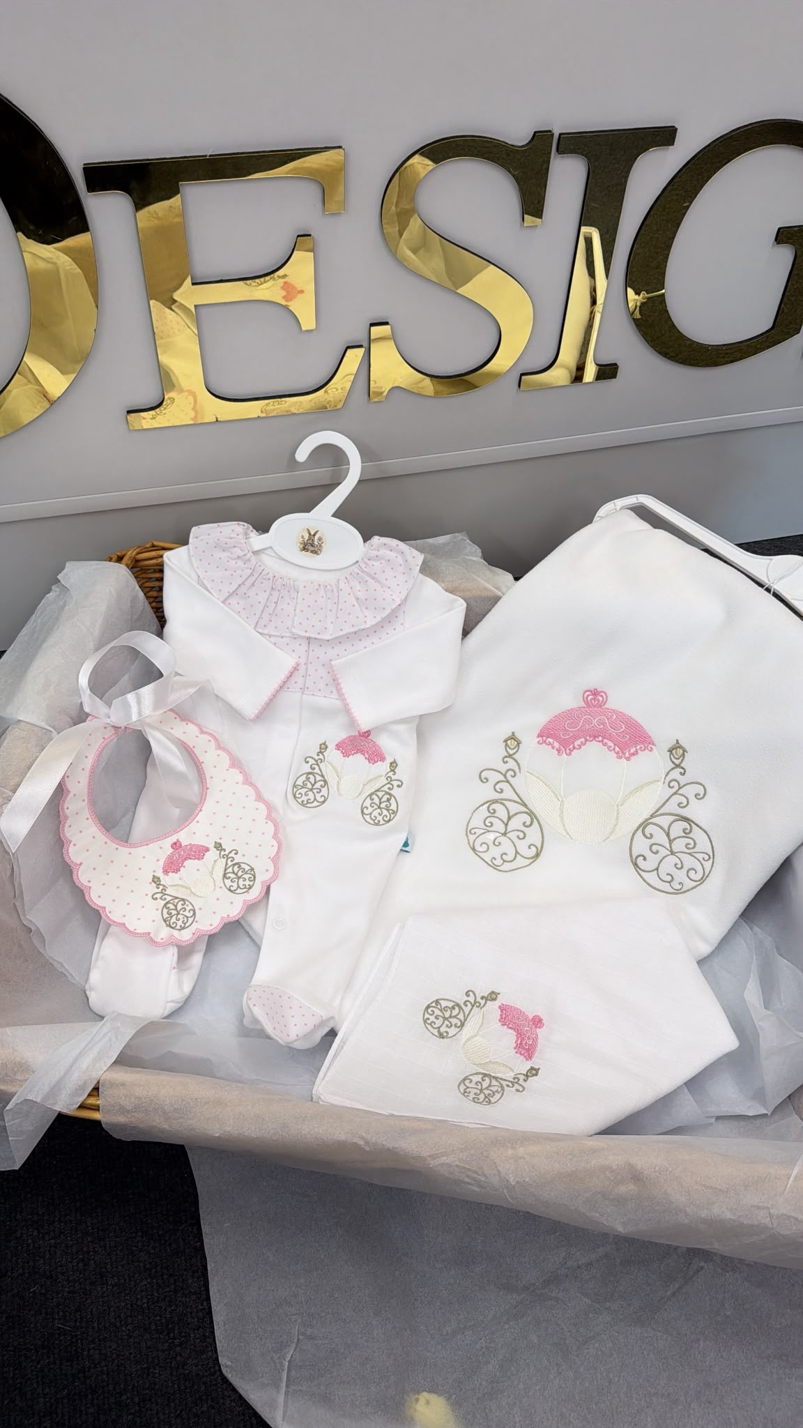 Princess carriage babygrow, bib, comforter and blanket set