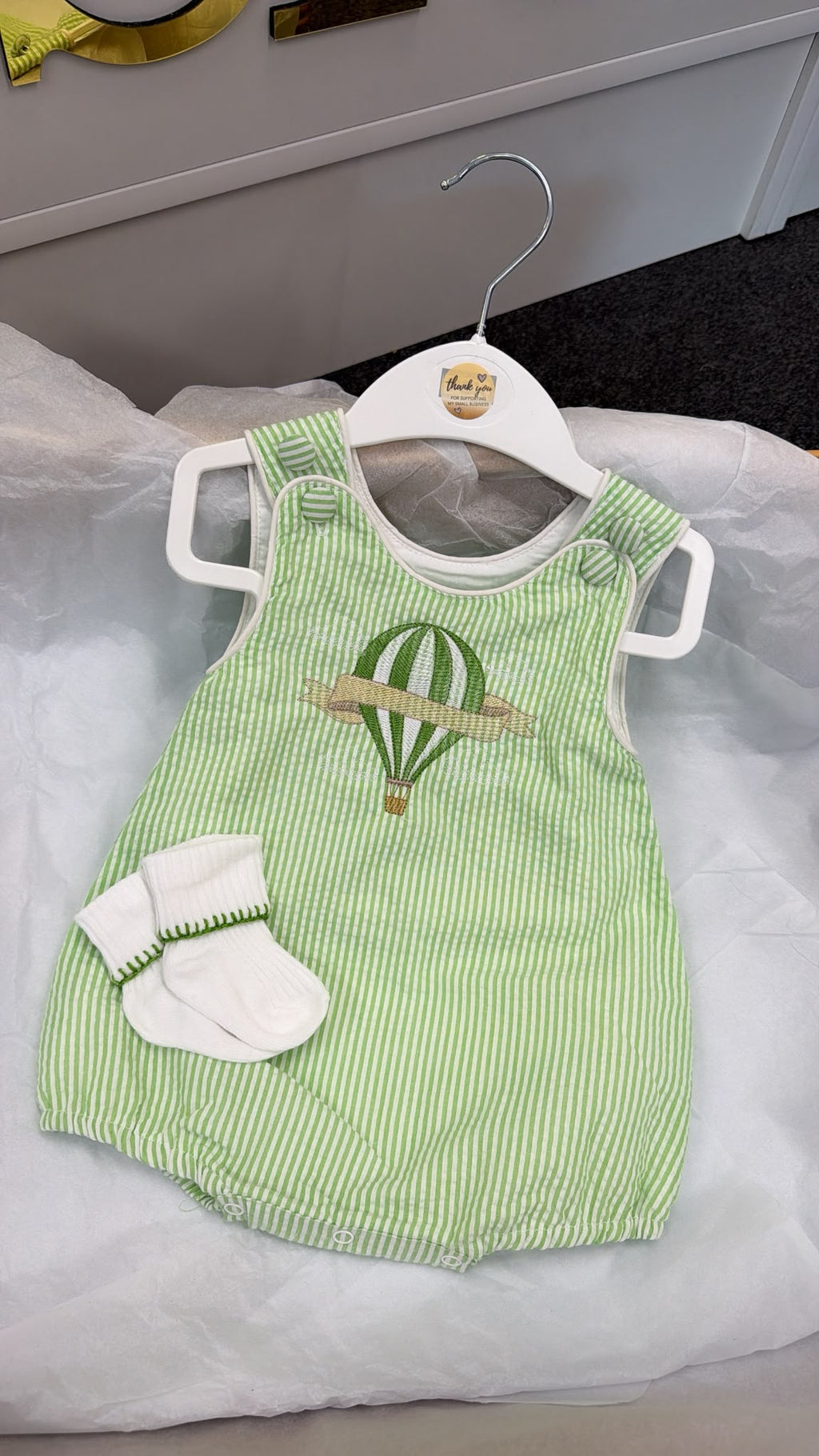 Mint hot air balloon romper with socks