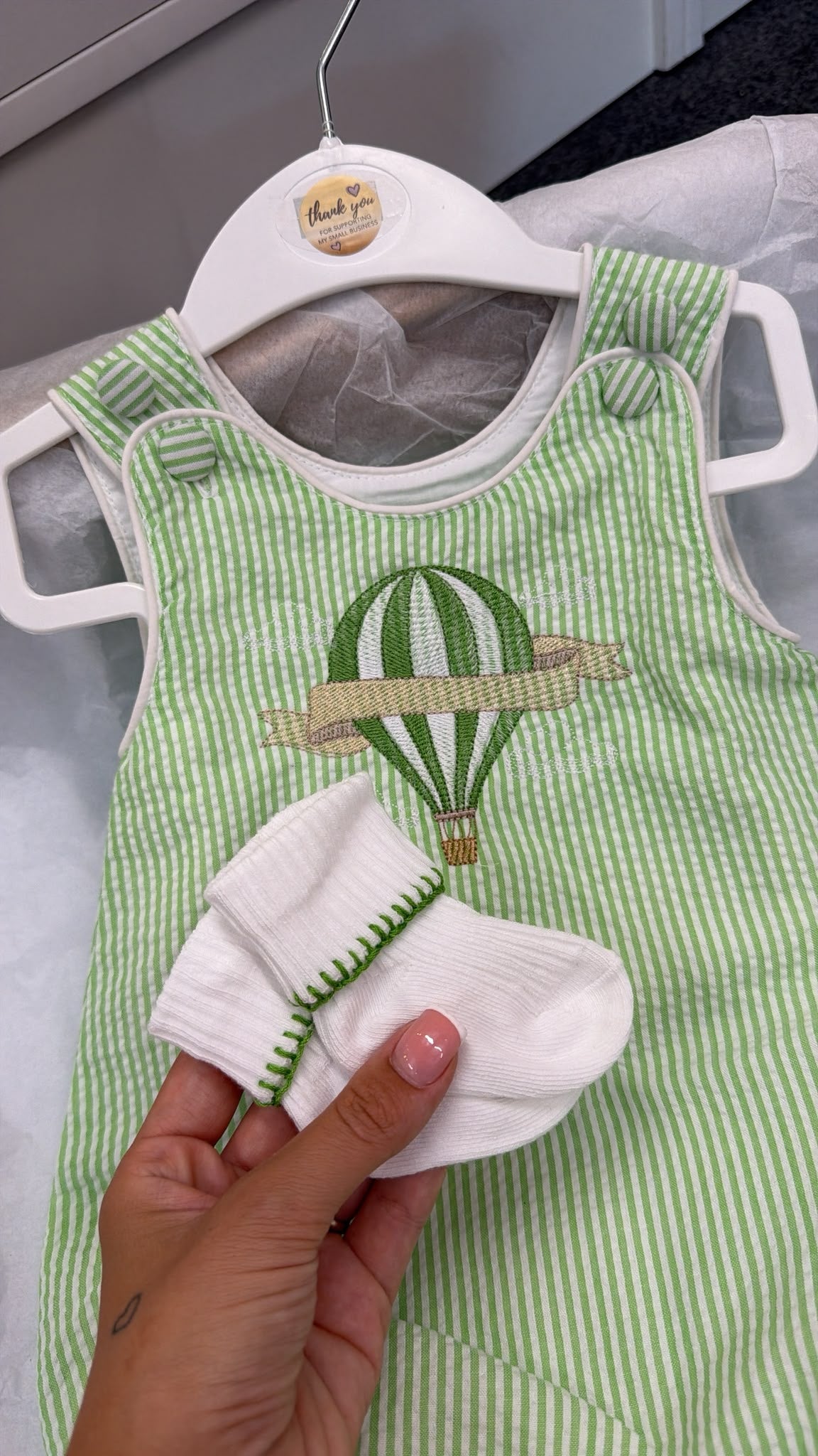 Mint hot air balloon romper with socks