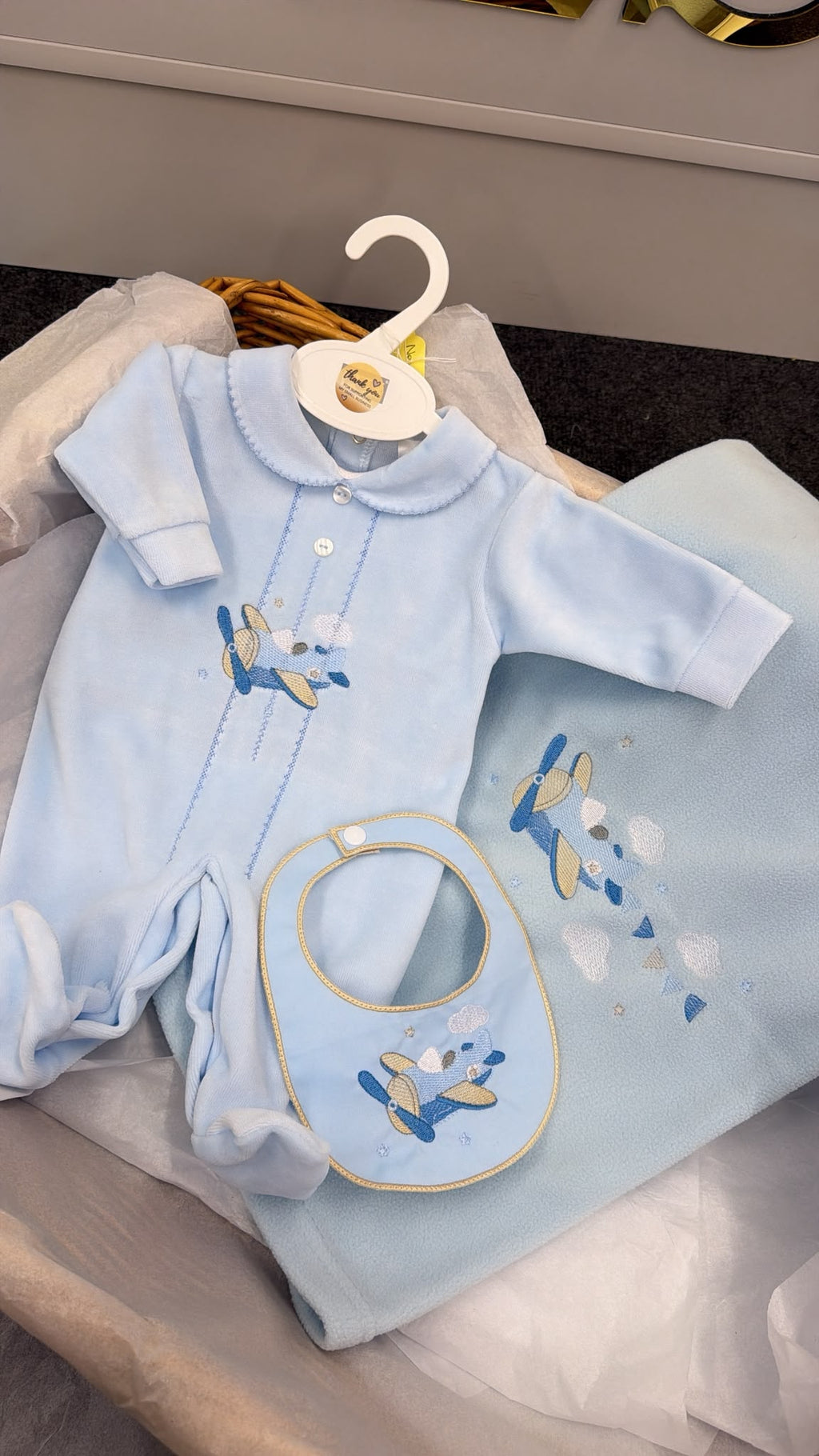 Velour aeroplane babygrow and bib (blanket sold separately)