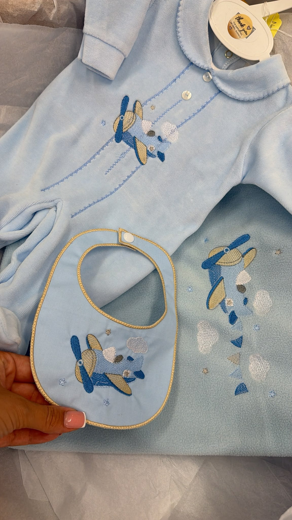 Velour aeroplane babygrow and bib (blanket sold separately)