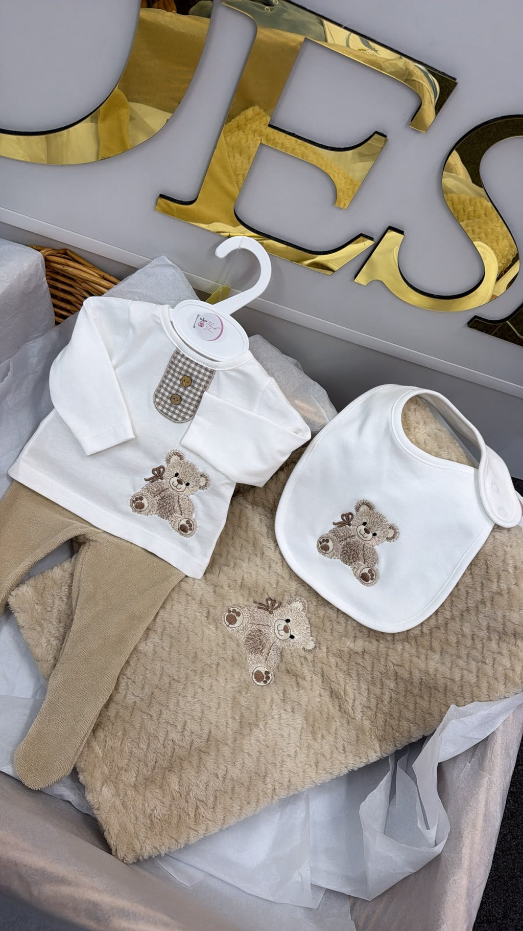 Beige bear towelling trouser set with bib (blanket sold separately)