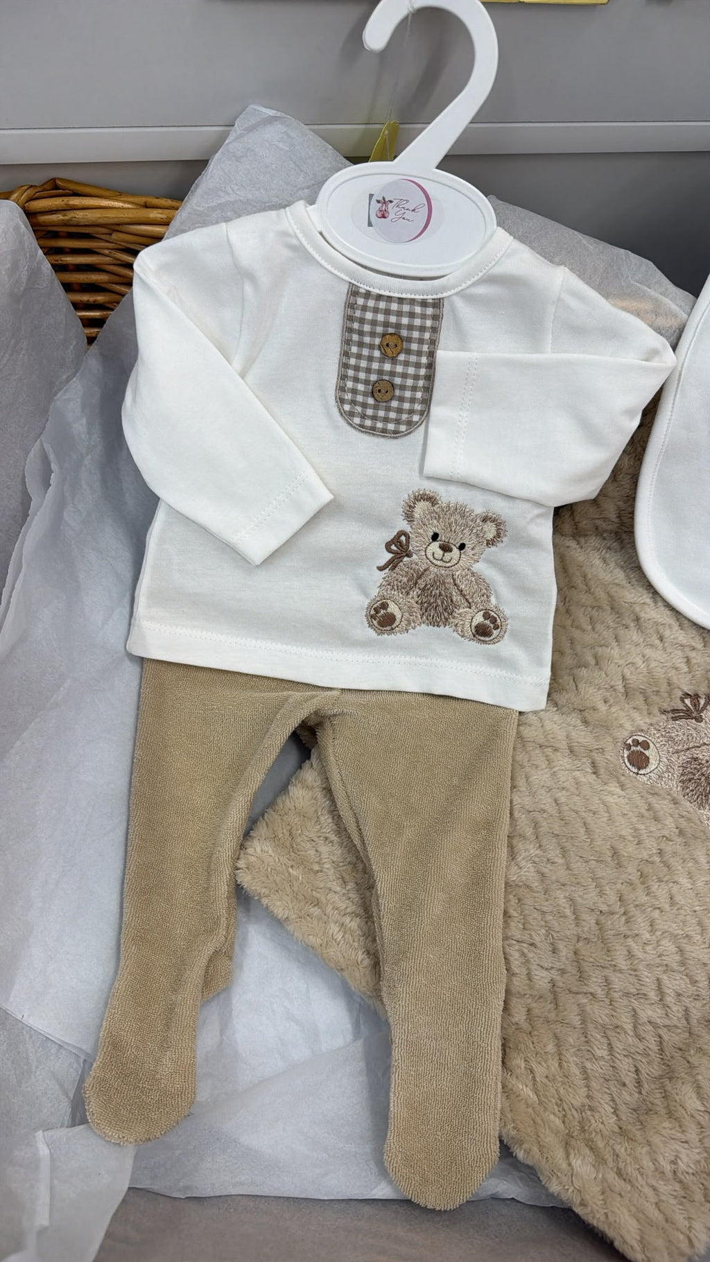 Beige bear towelling trouser set with bib (blanket sold separately)