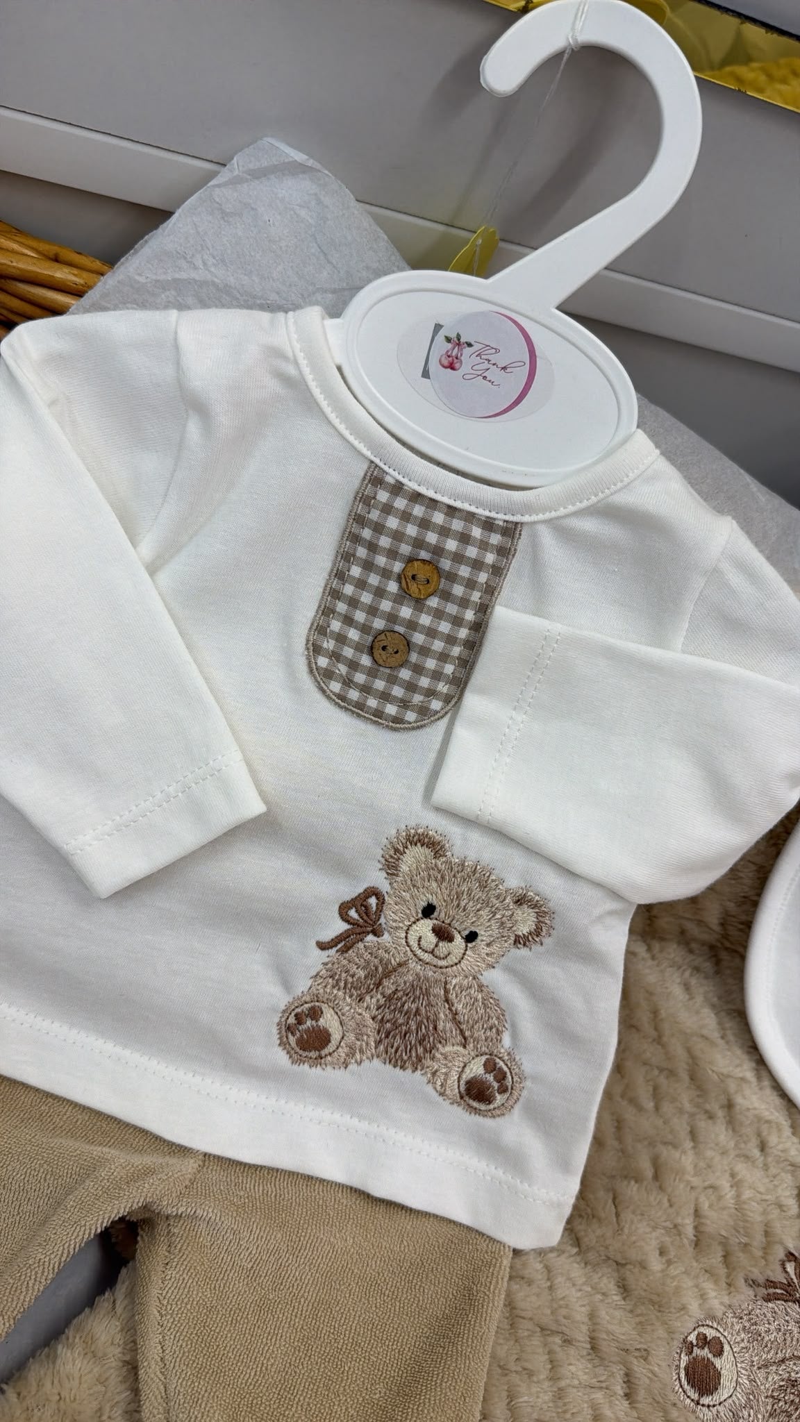Beige bear towelling trouser set with bib (blanket sold separately)
