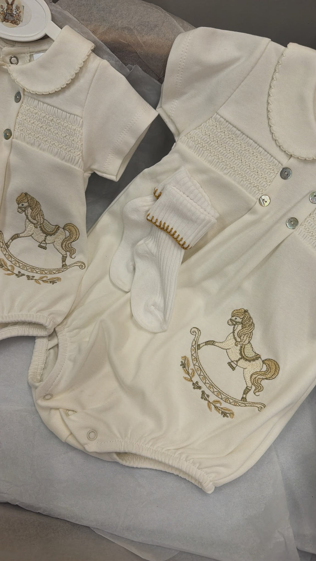 Rocking horse romper with socks ￼