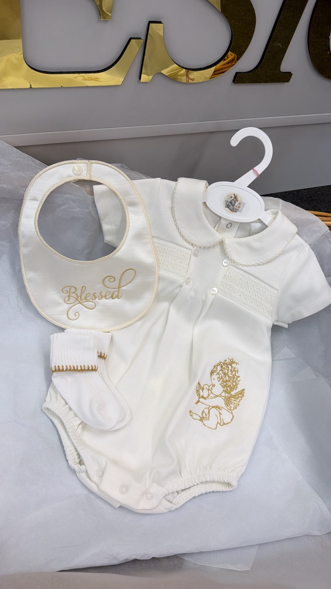 Blessed smocked romper, Bib and socks