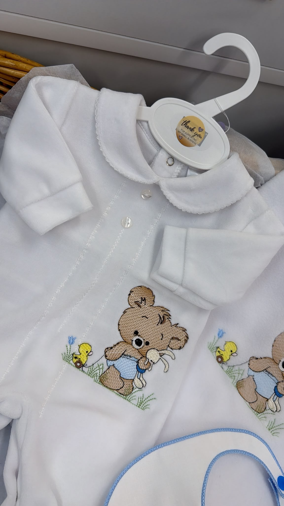 Bear with pull along duck velour babygrow and bib set (blanket sold separately)