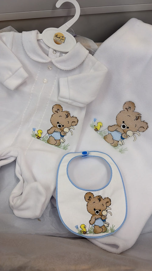 Bear with pull along duck velour babygrow and bib set (blanket sold separately)