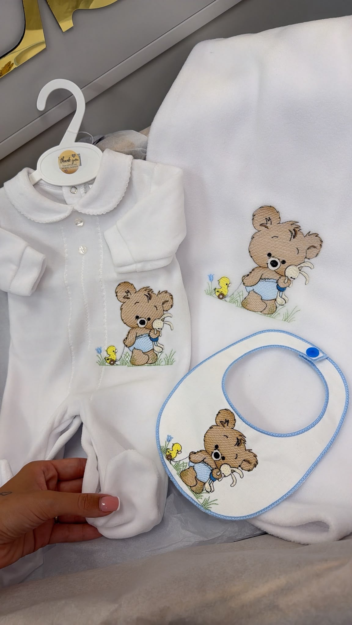 Bear with pull along duck velour babygrow and bib set (blanket sold separately)