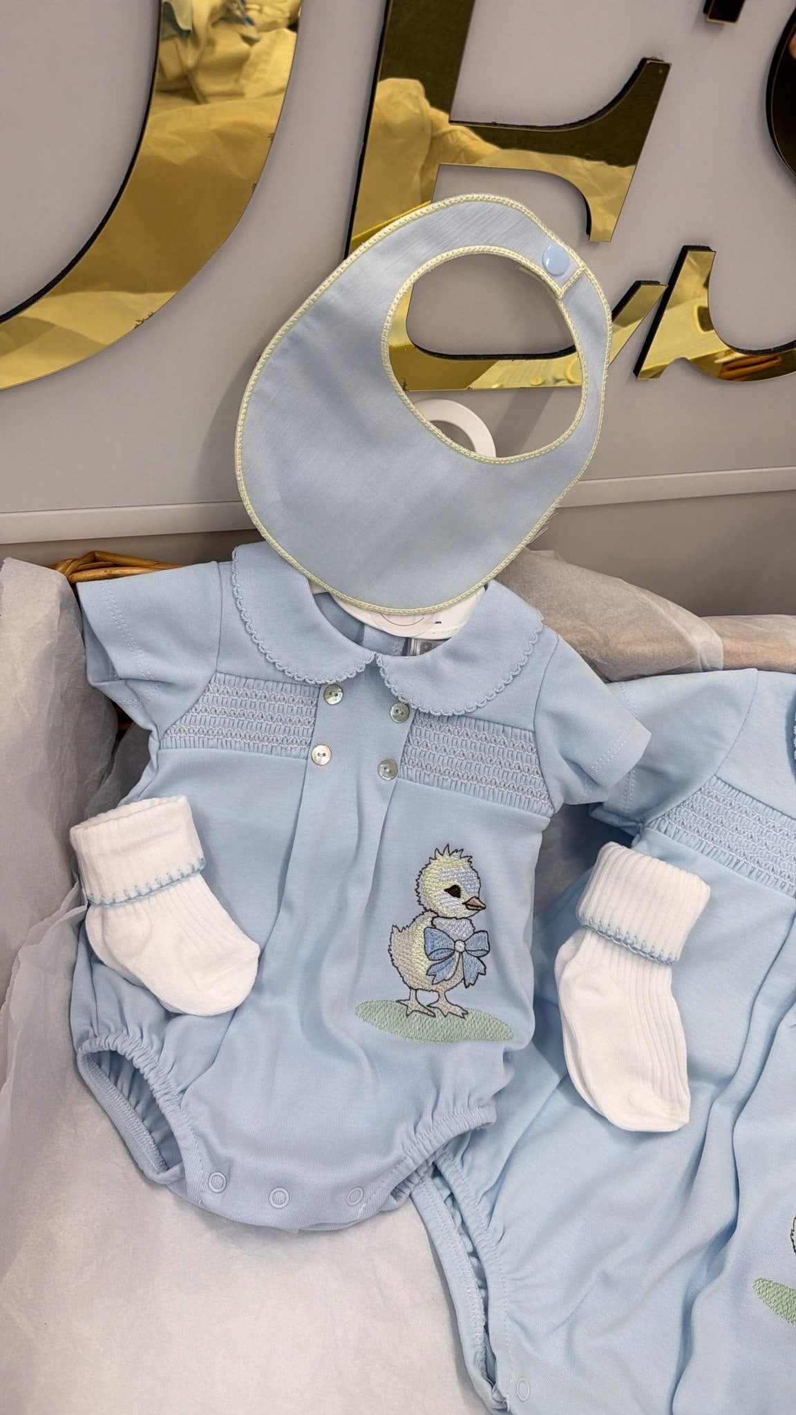 Chick smocked romper and bib and socks