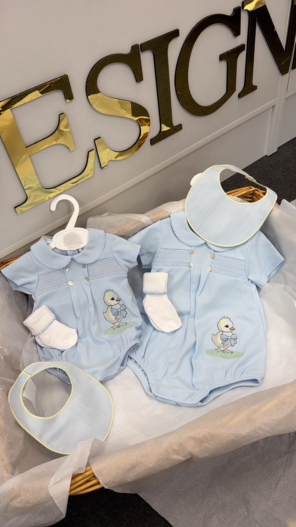 Chick smocked romper and bib and socks