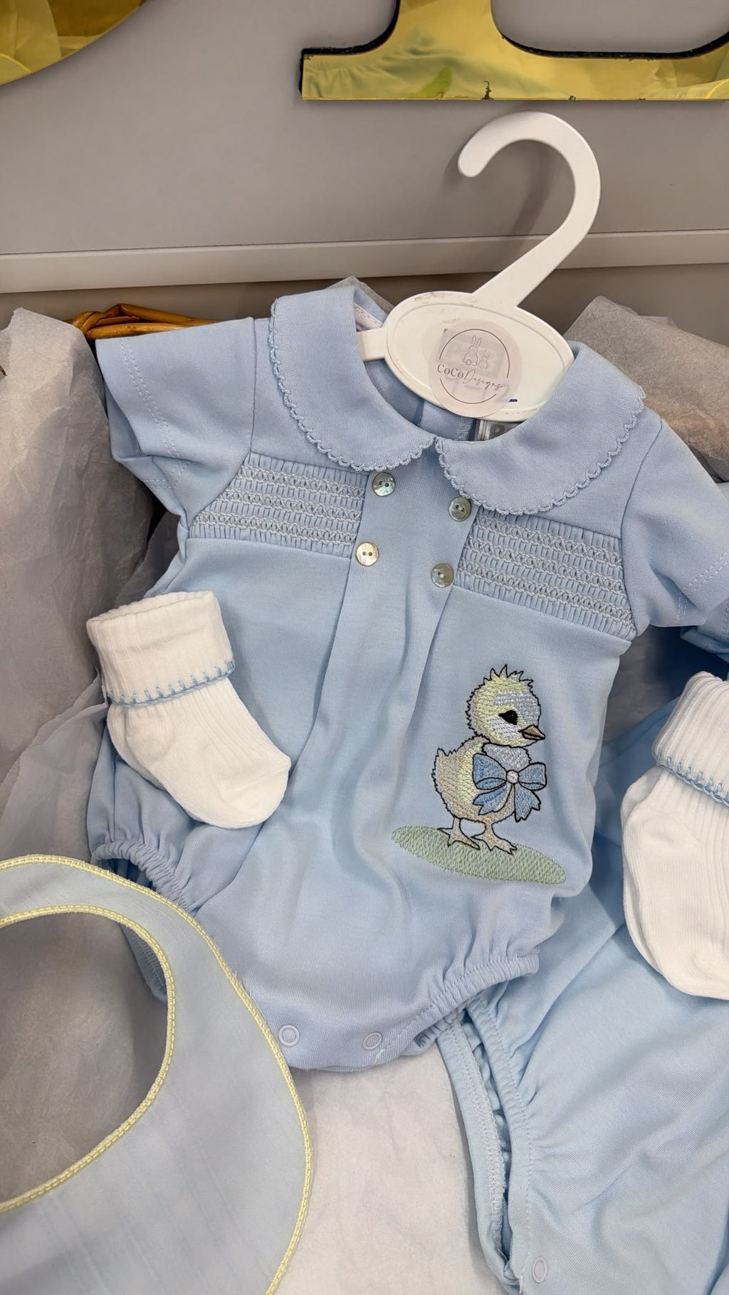 Chick smocked romper and bib and socks