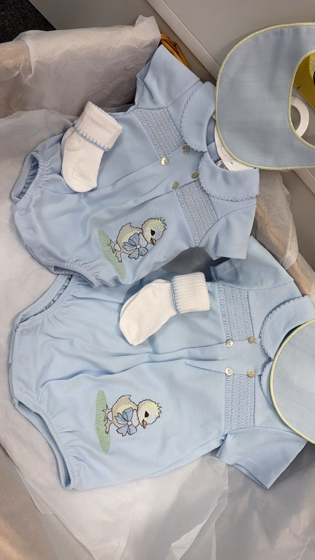Chick smocked romper and bib and socks