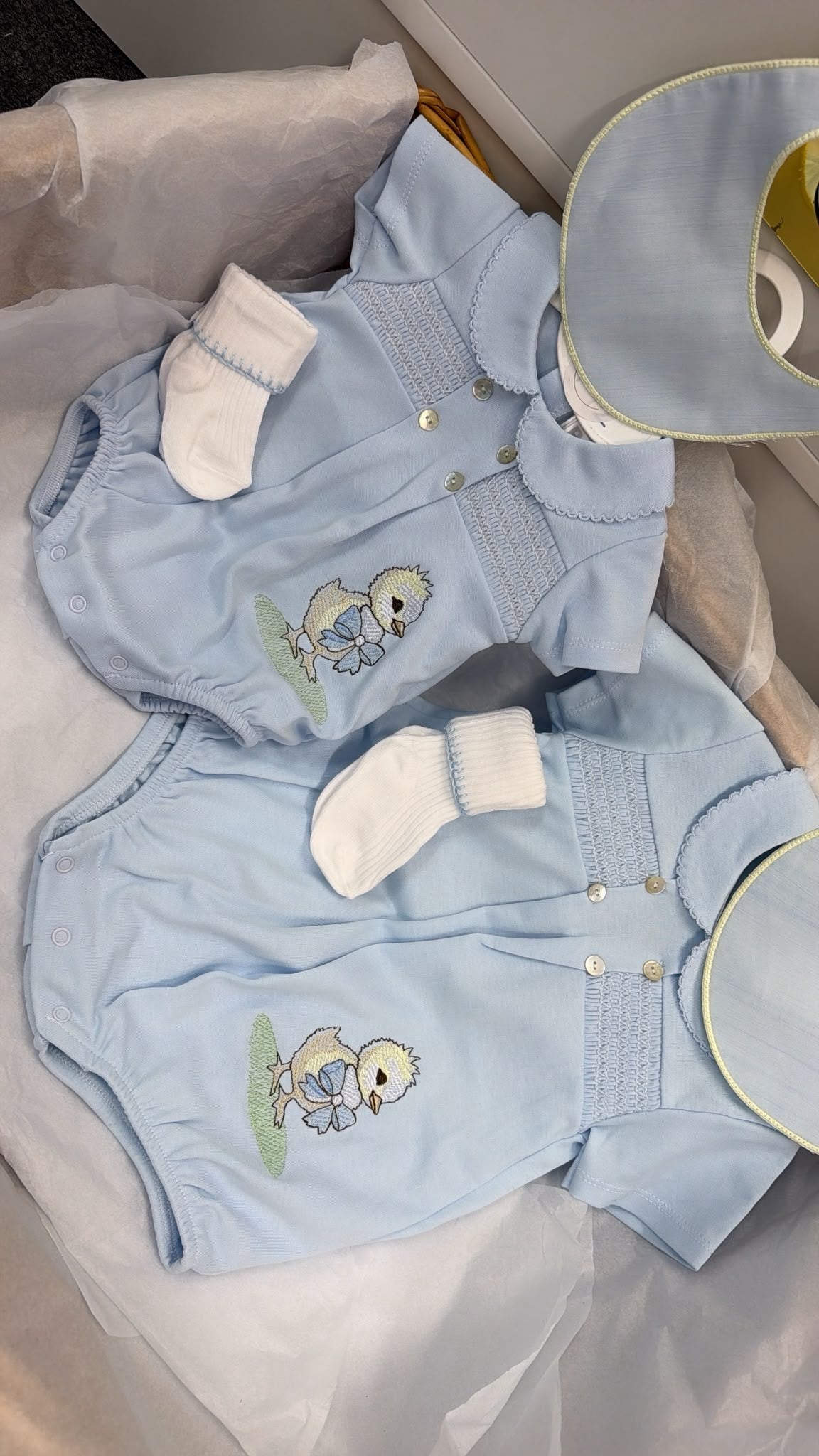 Chick smocked romper and bib and socks