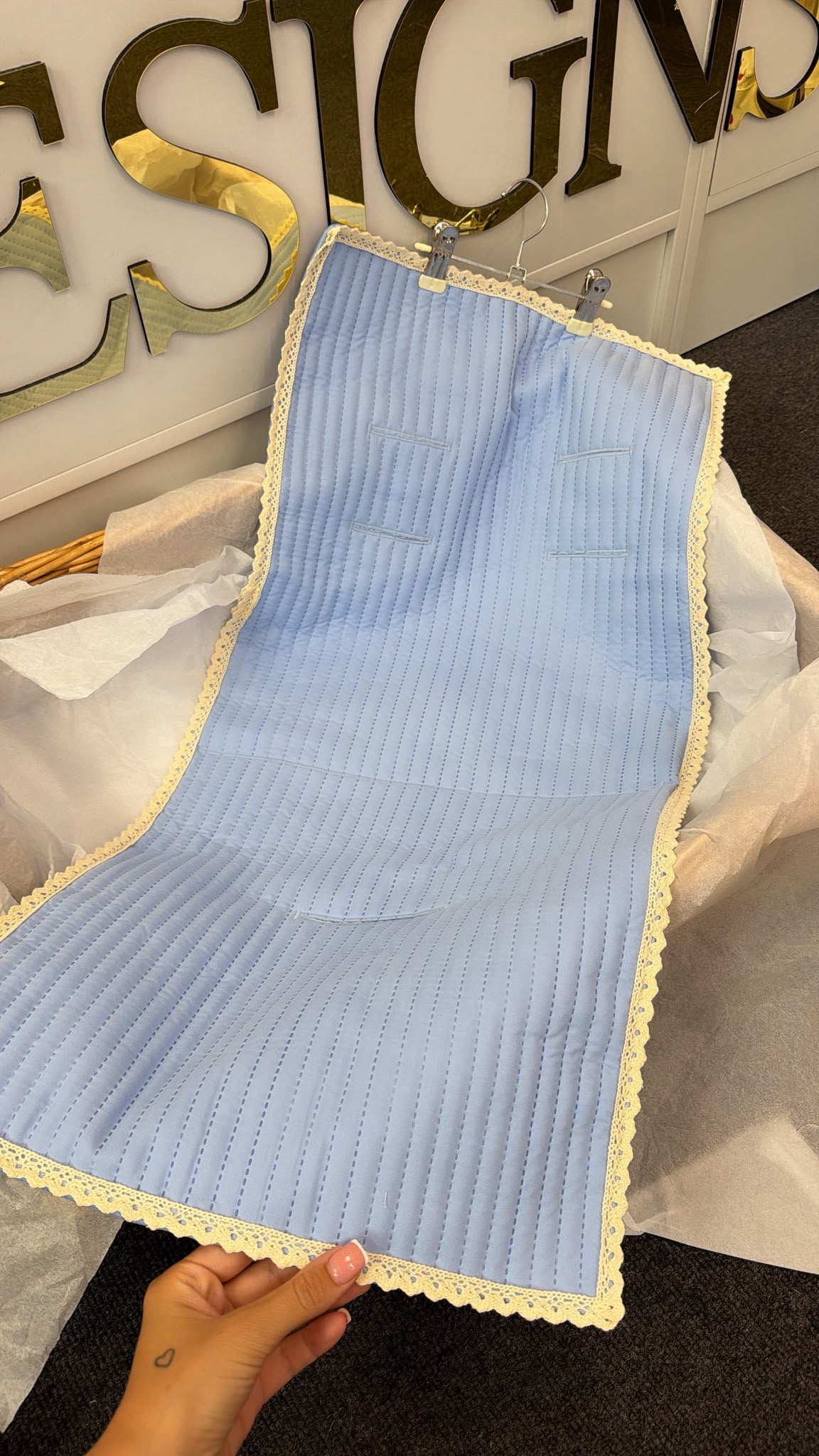 Personalised Pram Liner (dusky blue with cream lace trim)