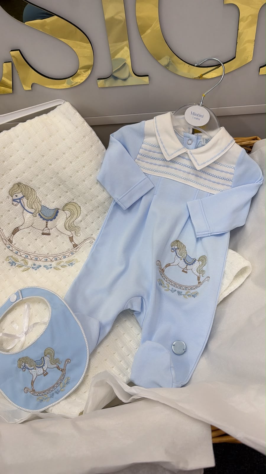 Blue Rocking horse babygrow and bib (blanket sold separately)
