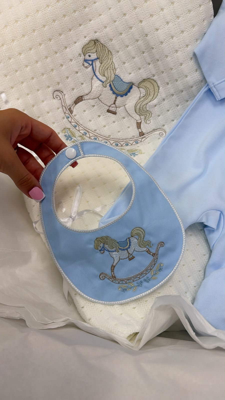 Blue Rocking horse babygrow and bib (blanket sold separately)