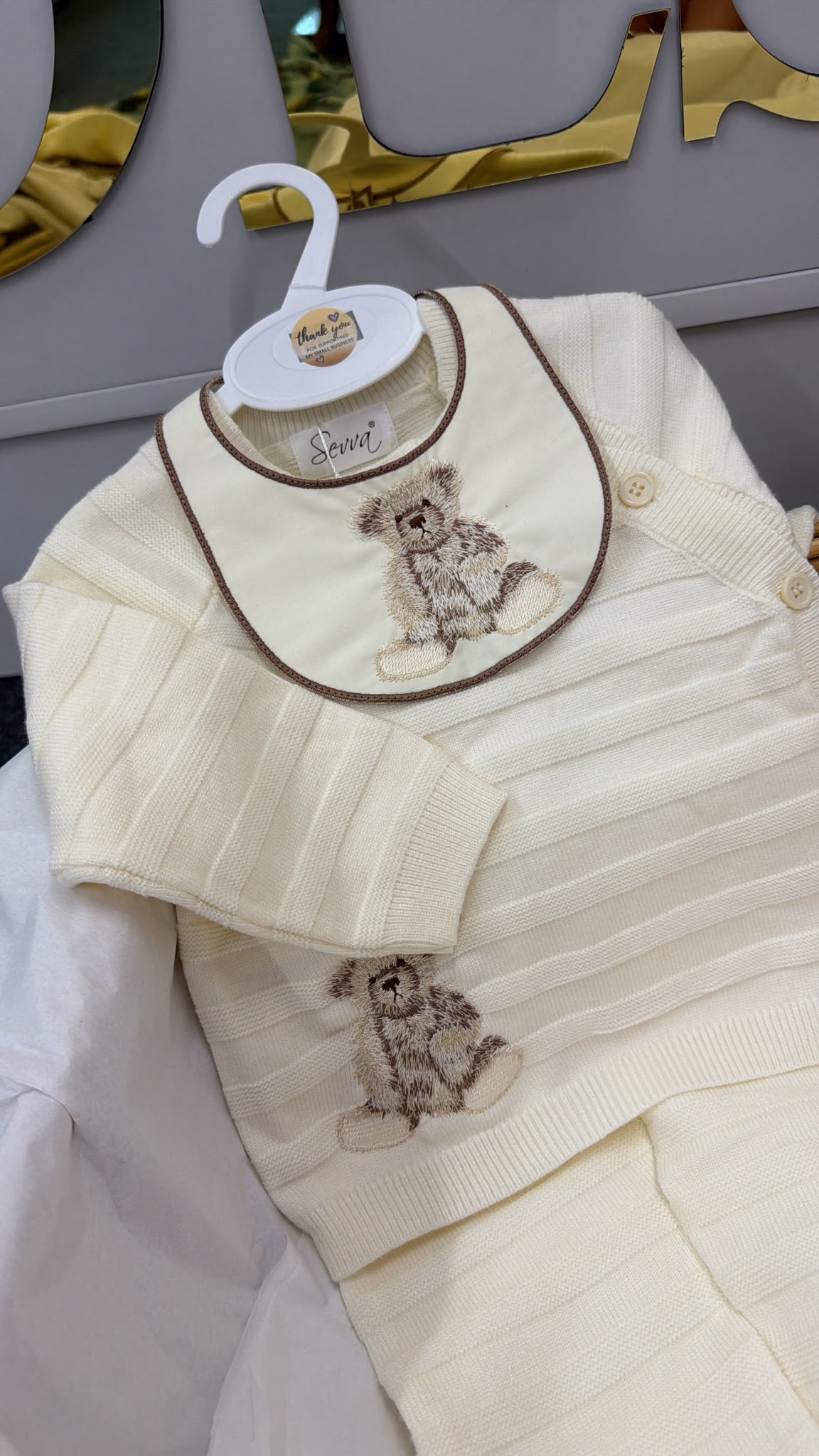 Bear cream and brown knit set with bib