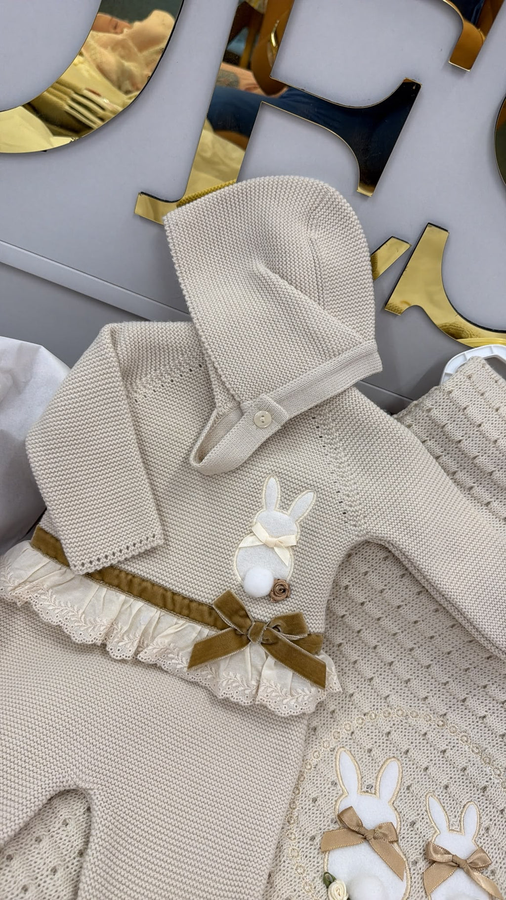 Beige bunny knitted three piece trouser set with bonnet (blanket sold separately)