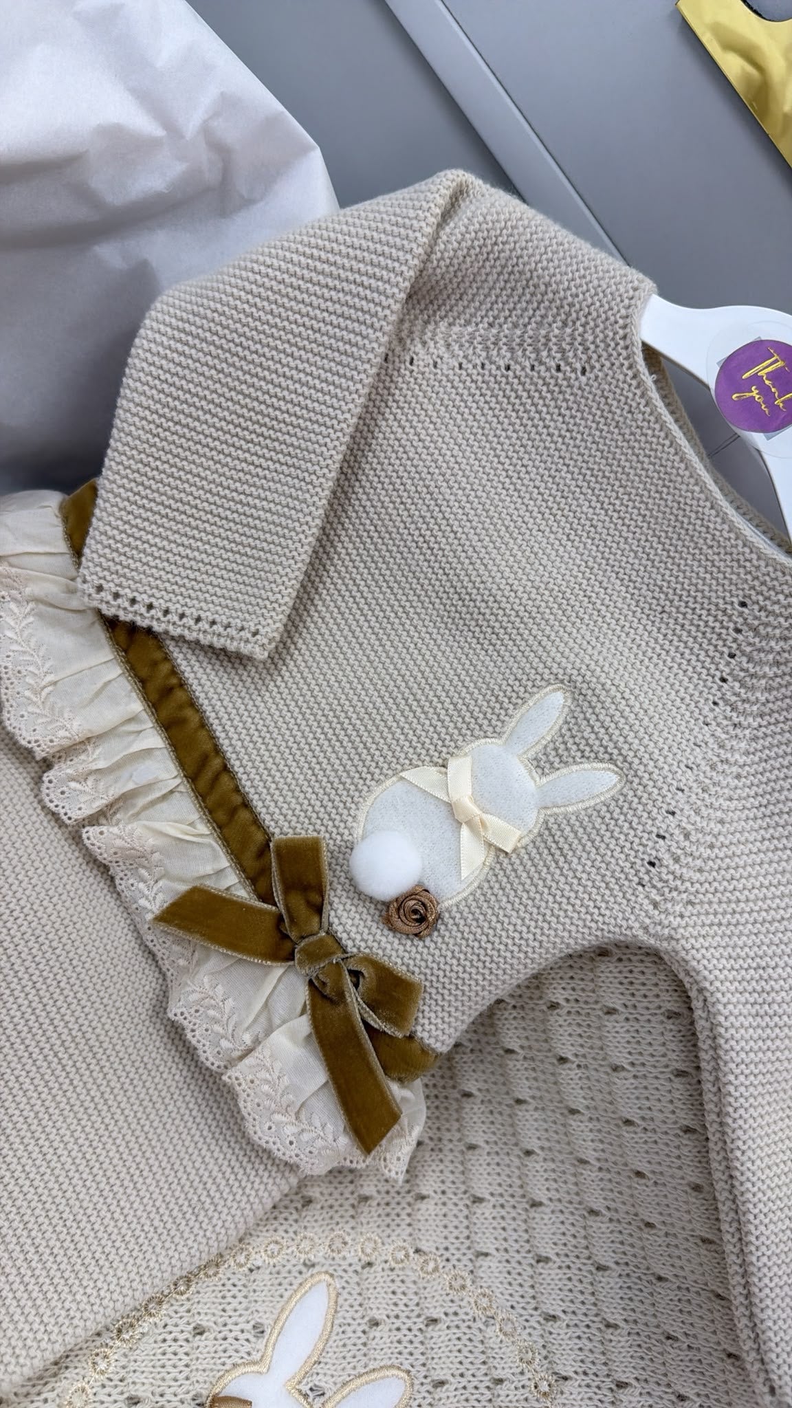 Beige bunny knitted three piece trouser set with bonnet (blanket sold separately)