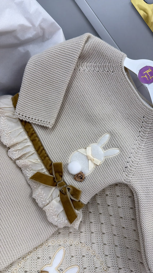 Beige bunny knitted three piece trouser set with bonnet (blanket sold separately)