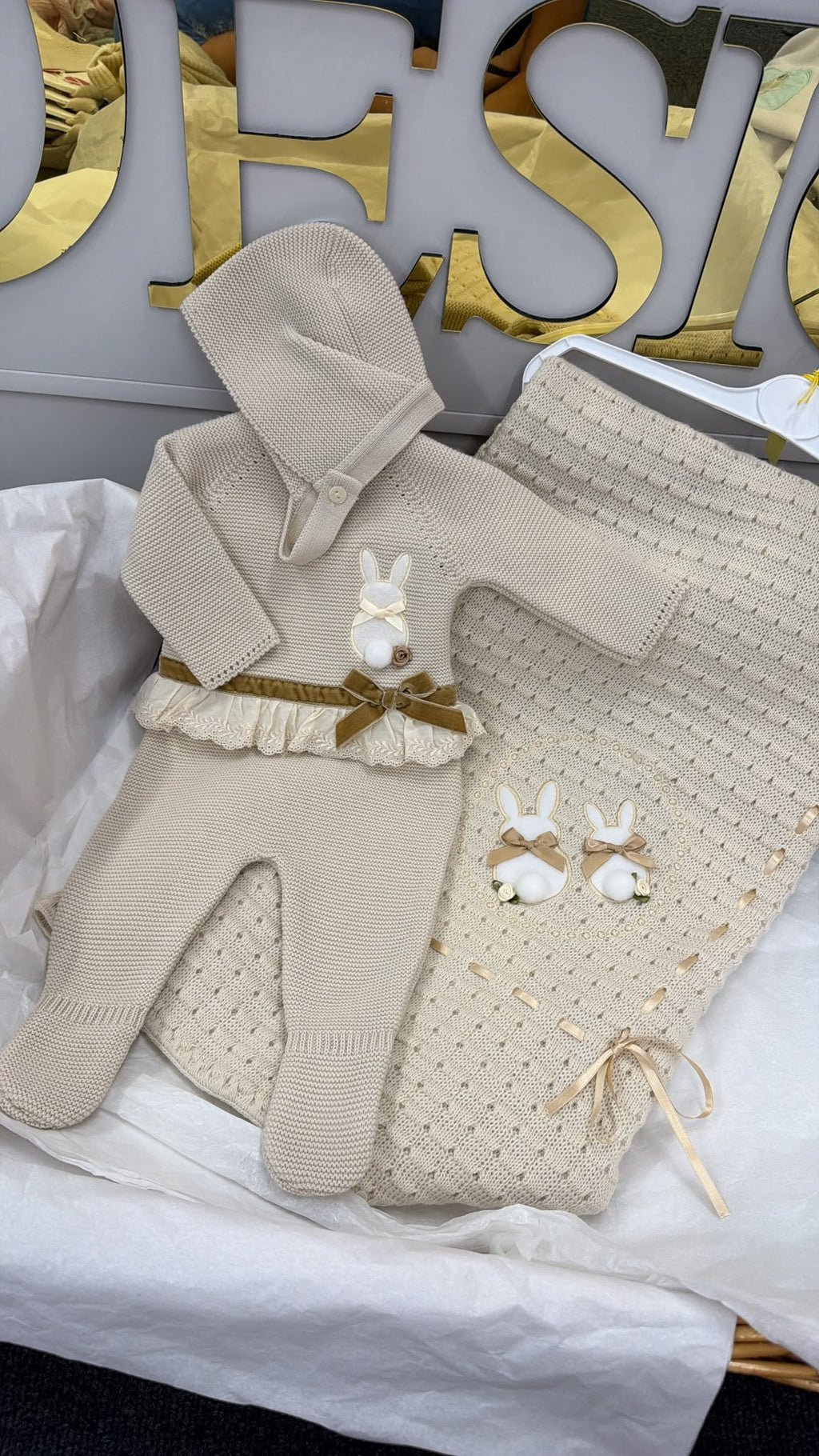 Beige bunny knitted three piece trouser set with bonnet (blanket sold separately)