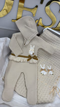 Beige bunny knitted three piece trouser set with bonnet (blanket sold separately)