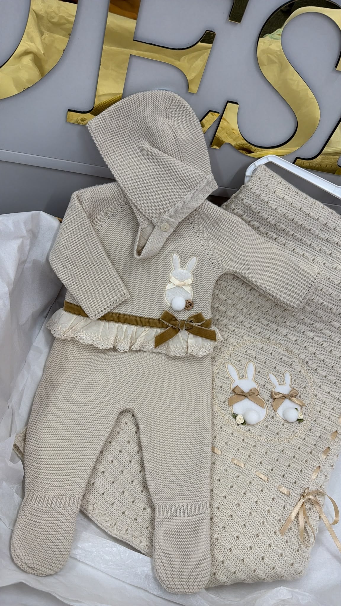Beige bunny knitted three piece trouser set with bonnet (blanket sold separately)